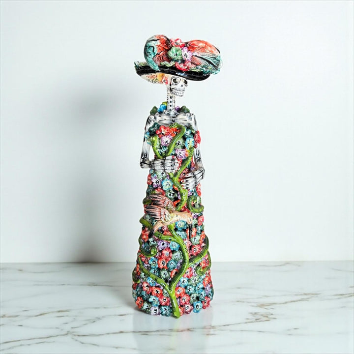 Beautiful Large Handcrafted & Handpainted Mexican Talavera Vibrant Garden Floral Hummingbird Catrina Figurine
