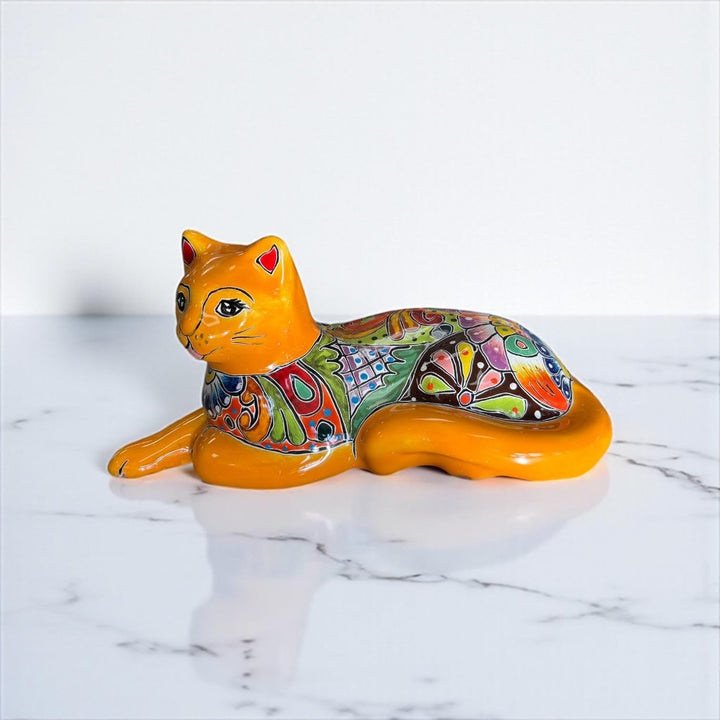 Cute Hand Painted Mexican Talavera Resting Tangerine Orange Cat Figure