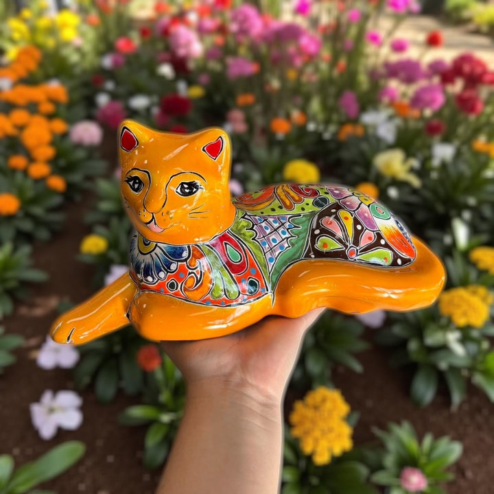 Cute Hand Painted Mexican Talavera Resting Tangerine Orange Cat Figure