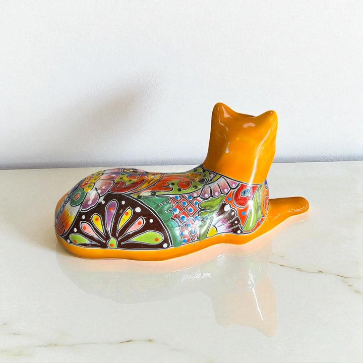 Cute Hand Painted Mexican Talavera Resting Tangerine Orange Cat Figure