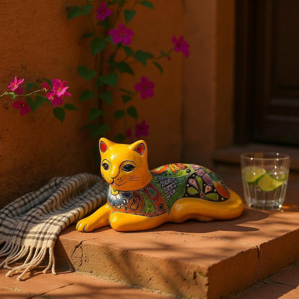 Hand-Painted Mexican Talavera Folk Art Resting Cat Sculpture, Tangerine Orange