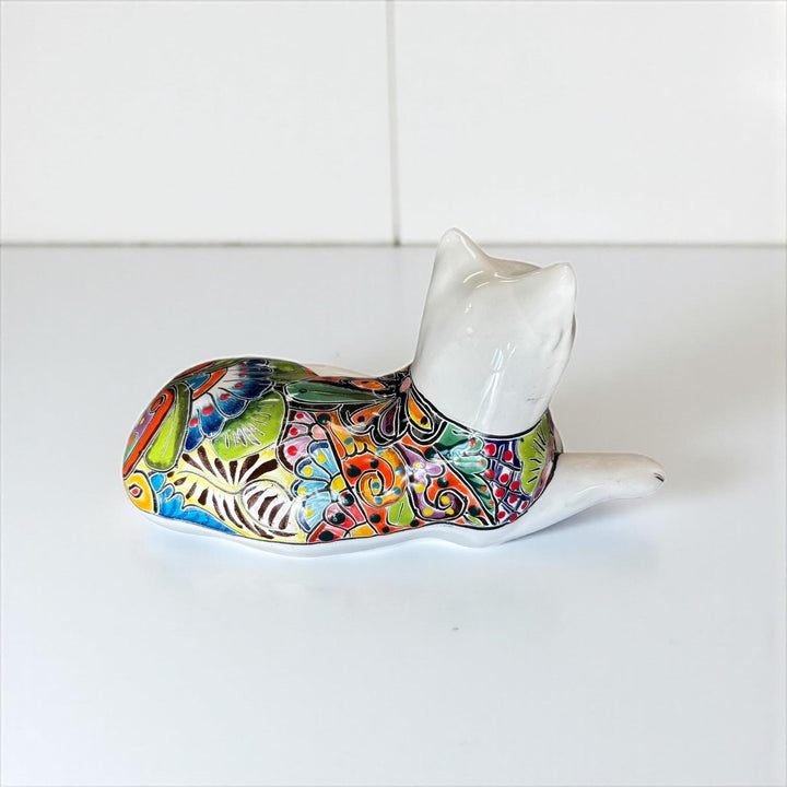 Hand-Painted Mexican Talavera Folk Art Resting Cat Sculpture, White
