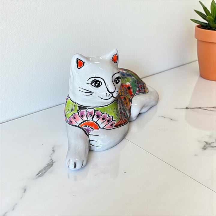 Hand-Painted Mexican Talavera Folk Art Resting Cat Sculpture, White