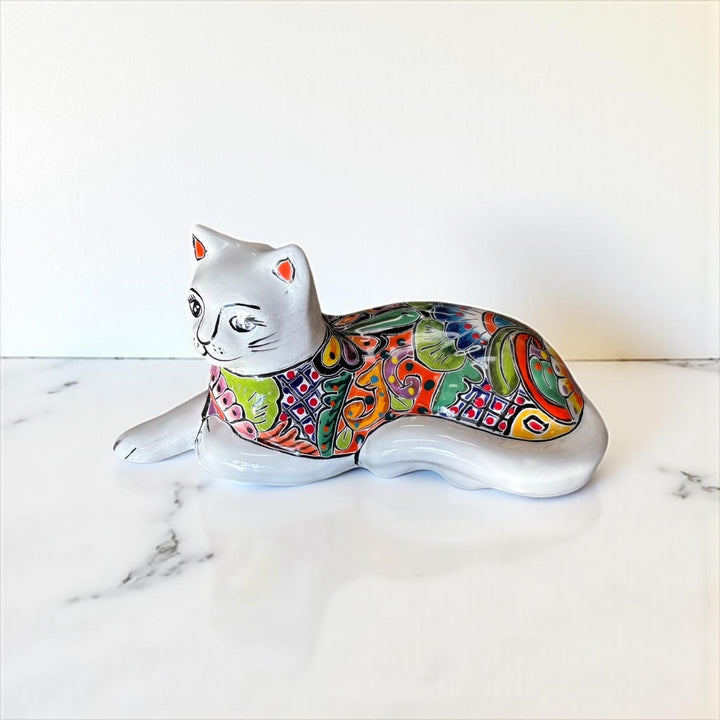 Hand-Painted Mexican Talavera Folk Art Resting Cat Sculpture, White