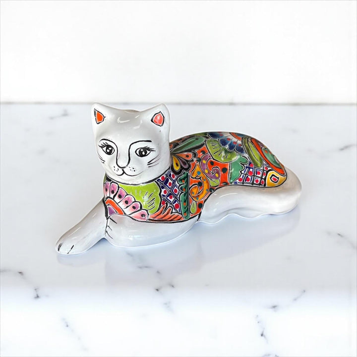 Hand-Painted Mexican Talavera Folk Art Resting Cat Sculpture, White