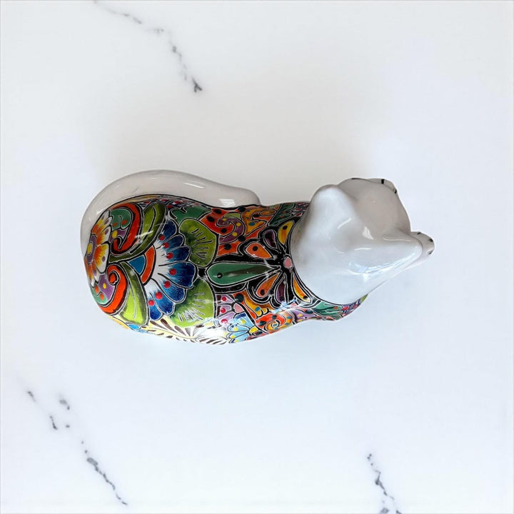 Hand-Painted Mexican Talavera Folk Art Resting Cat Sculpture, White