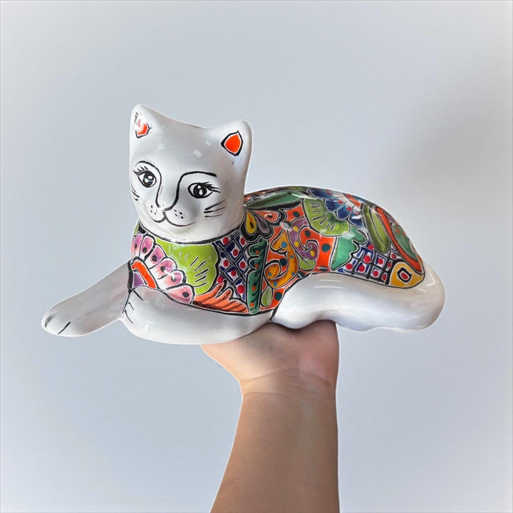 Hand-Painted Mexican Talavera Folk Art Resting Cat Sculpture, White
