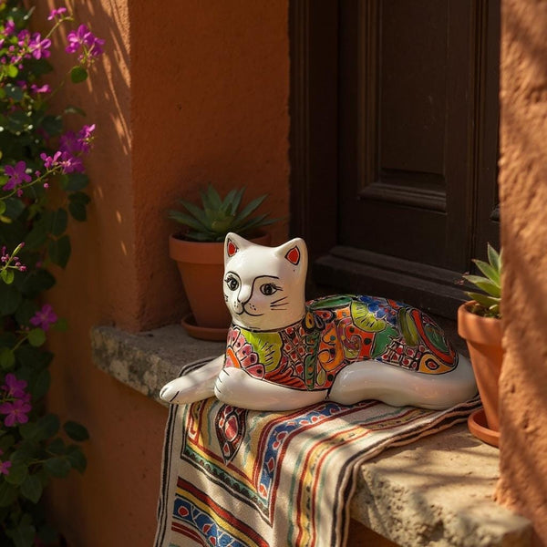 Hand-Painted Mexican Talavera Folk Art Resting Cat Sculpture, White