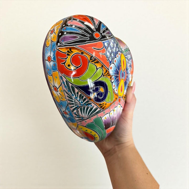 Hand Painted Mexican Talavera Heart Wall Decor, Ceramic Garden Stone (Assorted Designs)