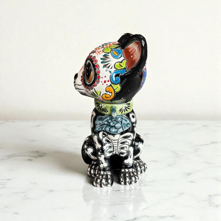 Cute Day of the Dead Hand Painted Talavera Skeleton Spooked Cat Figure
