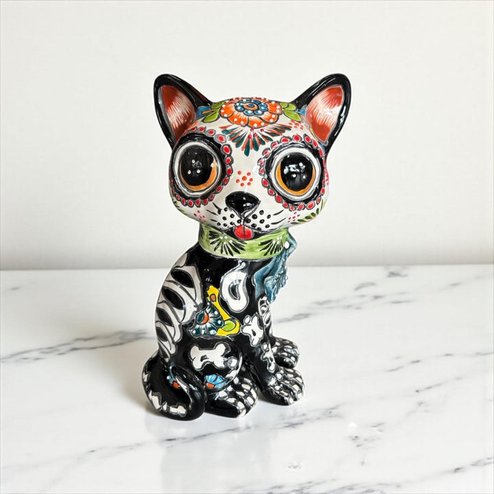 Cute Day of the Dead Hand Painted Talavera Skeleton Spooked Cat Figure
