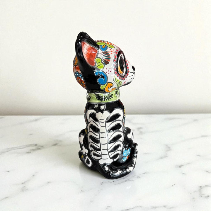 Cute Day of the Dead Hand Painted Talavera Skeleton Spooked Cat Figure