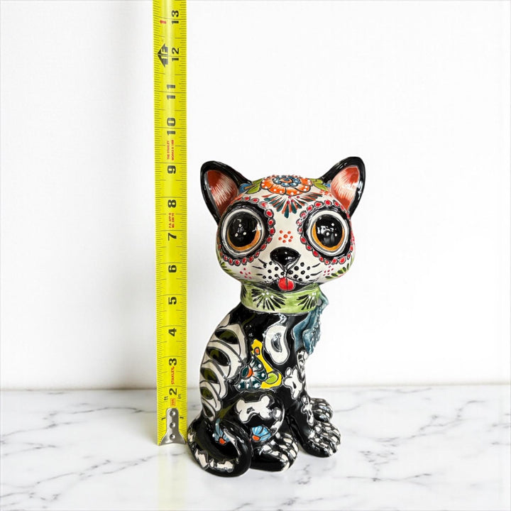 Cute Day of the Dead Hand Painted Talavera Skeleton Spooked Cat Figure