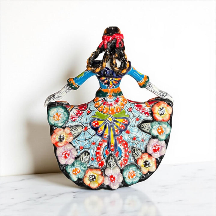 Small Handpainted Talavera Catrina Figurine, Dancing Skeleton in Folklórico Dress with Puffy Flowers