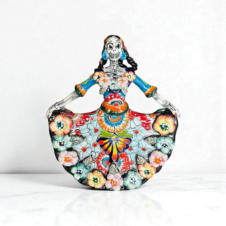 Small Handpainted Talavera Catrina Figurine, Dancing Skeleton in Folklórico Dress with Puffy Flowers