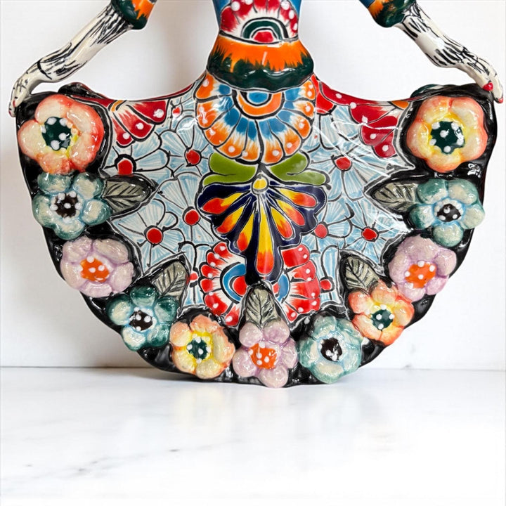 Small Handpainted Talavera Catrina Figurine, Dancing Skeleton in Folklórico Dress with Puffy Flowers