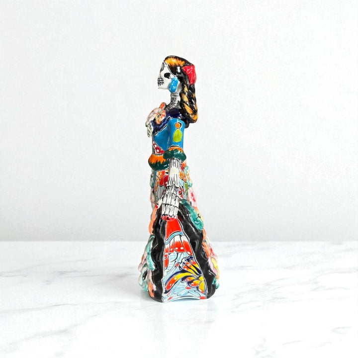 Small Handpainted Talavera Catrina Figurine, Dancing Skeleton in Folklórico Dress with Puffy Flowers