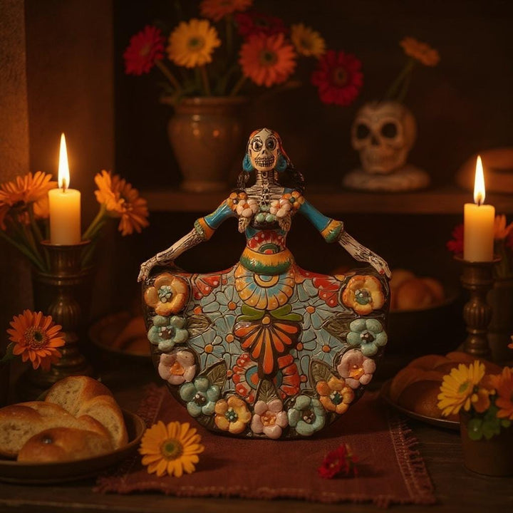 Small Handpainted Talavera Catrina Figurine, Dancing Skeleton in Folklórico Dress with Puffy Flowers