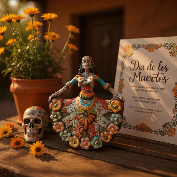 Small Handpainted Talavera Catrina Figurine, Dancing Skeleton in Folklórico Dress with Puffy Flowers