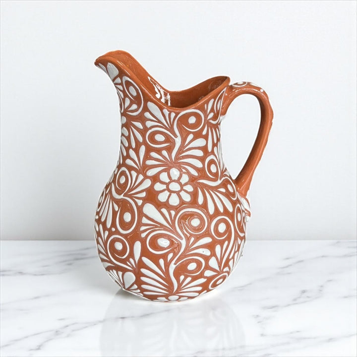 Beautiful Hand Painted Rustic Brown & White Floral Vines Talavera Pitcher