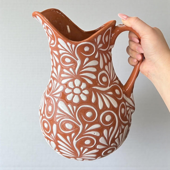 Beautiful Hand Painted Rustic Brown & White Floral Vines Talavera Pitcher