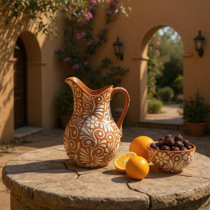 Beautiful Hand Painted Rustic Brown & White Floral Vines Talavera Pitcher