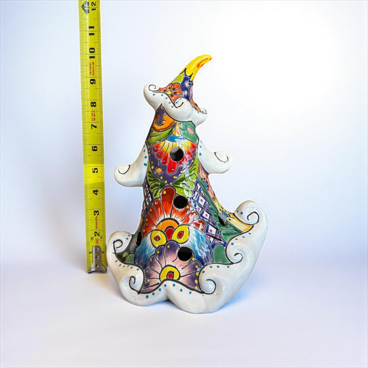 Hand Painted Talavera White Snowy Christmas Tree Luminary Decor