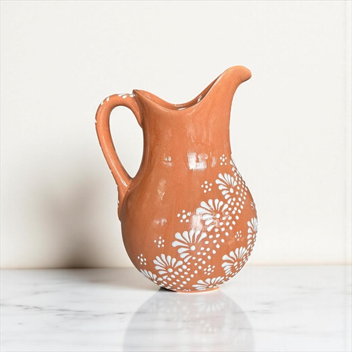 Hand-Painted Mexican Talavera Pitcher, Rustic Terracotta Brown & White Mandela (Cielito Lindo Inspired)