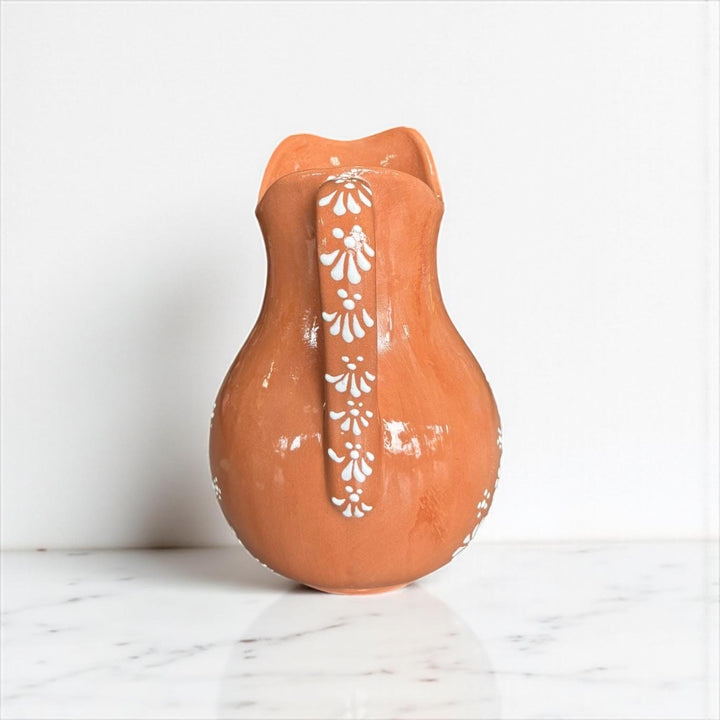 Hand-Painted Mexican Talavera Pitcher, Rustic Terracotta Brown & White Mandela (Cielito Lindo Inspired)
