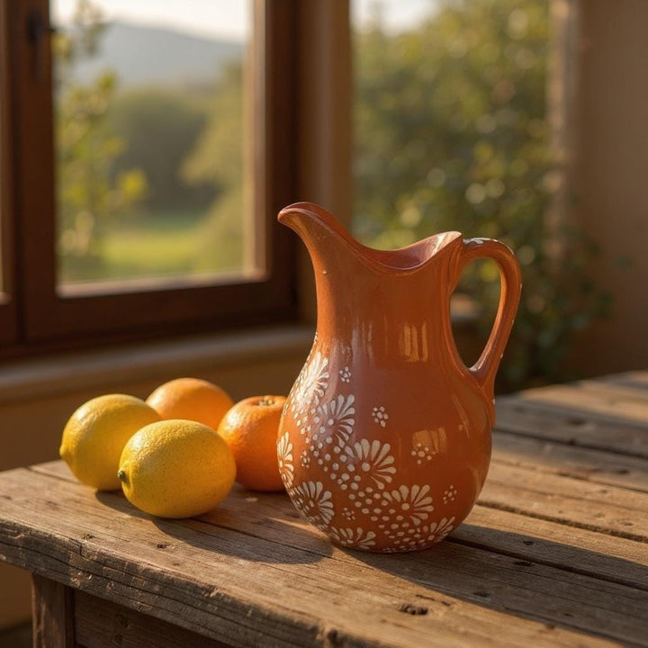 Hand-Painted Mexican Talavera Pitcher, Rustic Terracotta Brown & White Mandela (Cielito Lindo Inspired)
