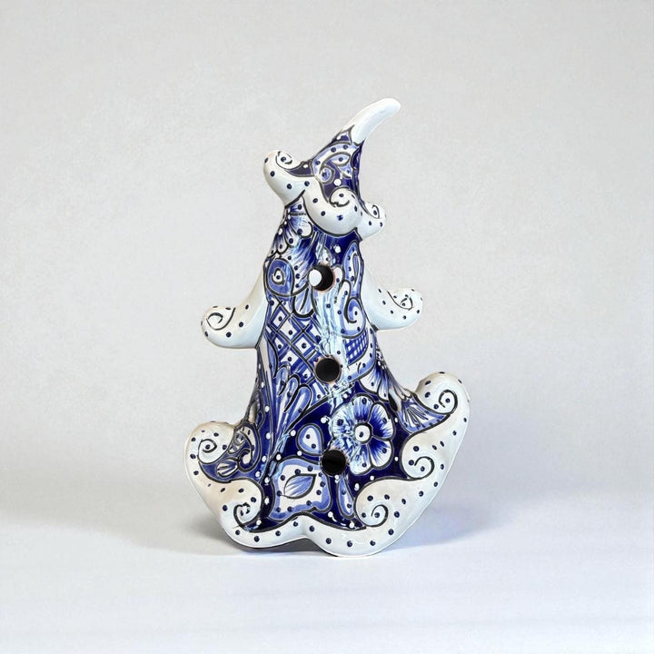 Hand Painted Talavera White & Blue Snowy Christmas Tree Luminary Decor