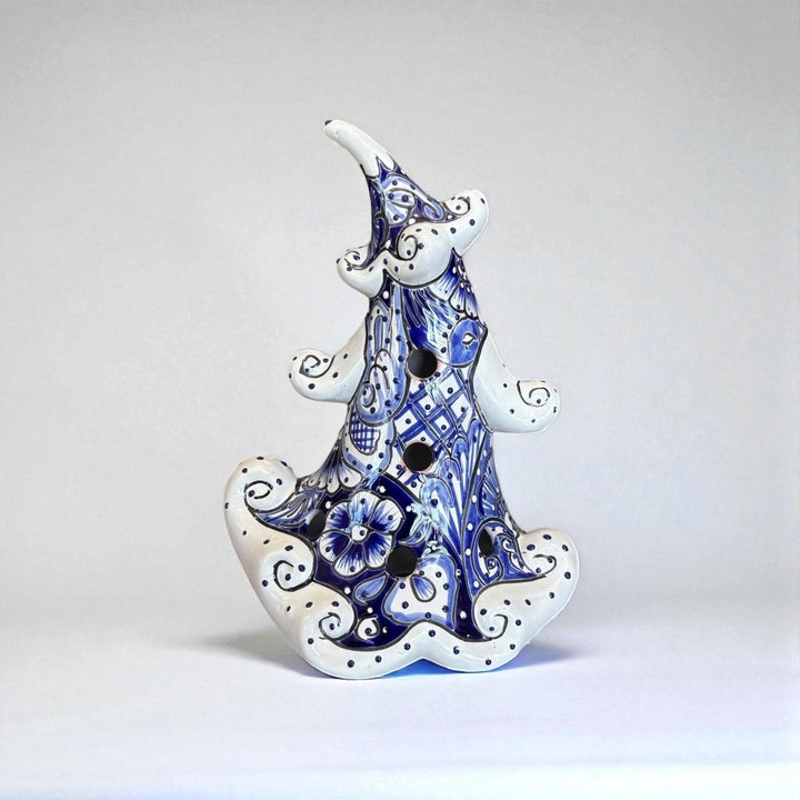 Hand Painted Talavera White & Blue Snowy Christmas Tree Luminary Decor