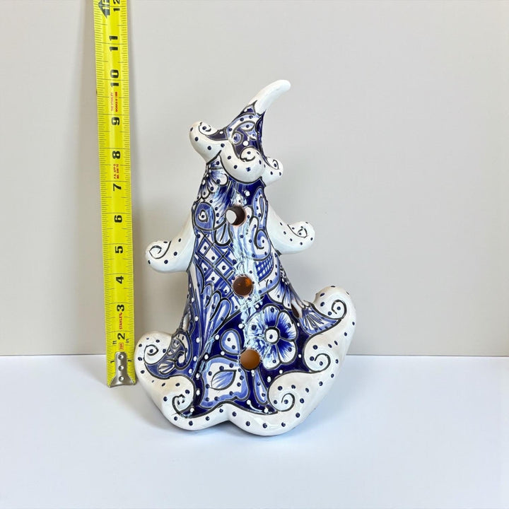 Hand Painted Talavera White & Blue Snowy Christmas Tree Luminary Decor