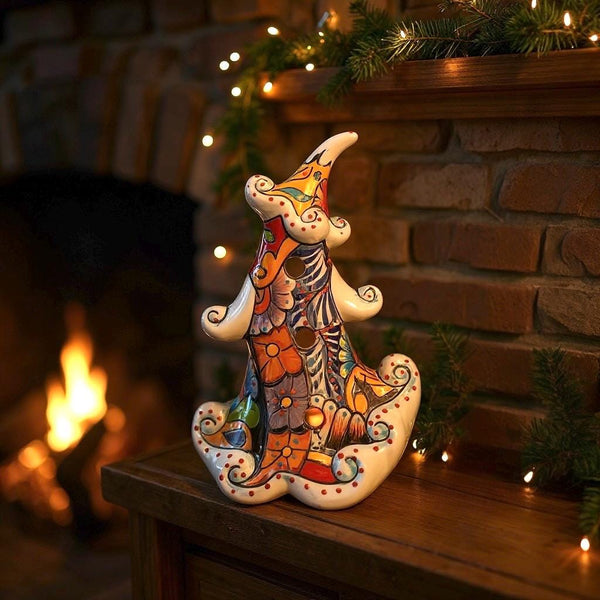 Hand Painted Talavera Snowy White Multicolor Christmas Tree Luminary Decor