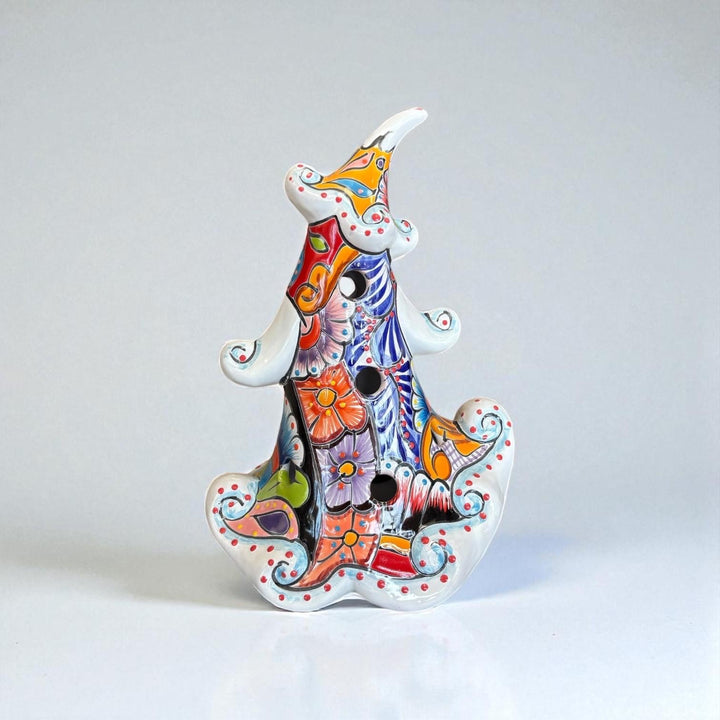 Hand Painted Talavera Snowy White Multicolor Christmas Tree Luminary Decor