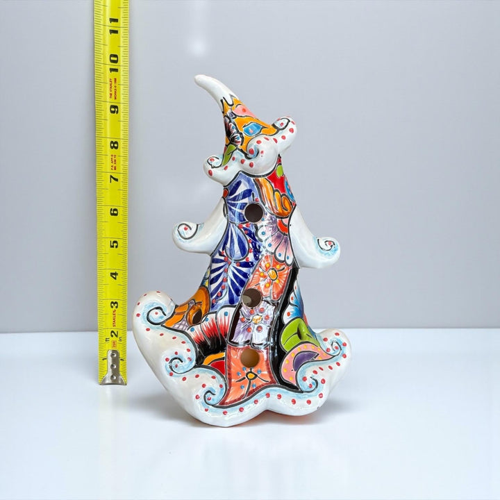 Hand Painted Talavera Snowy White Multicolor Christmas Tree Luminary Decor