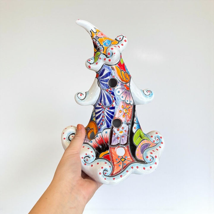 Hand Painted Talavera Snowy White Multicolor Christmas Tree Luminary Decor