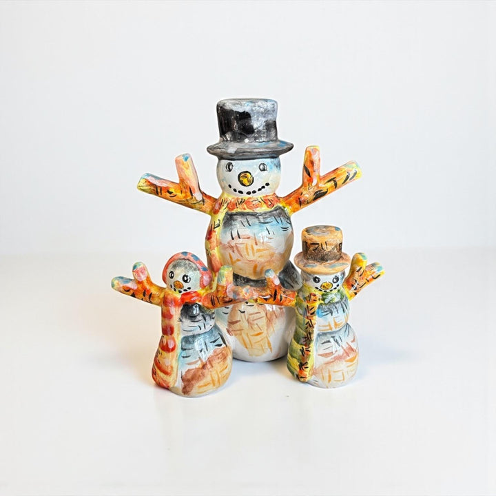 Hand Painted Mexican Talavera Christmas Snowman Family Decor