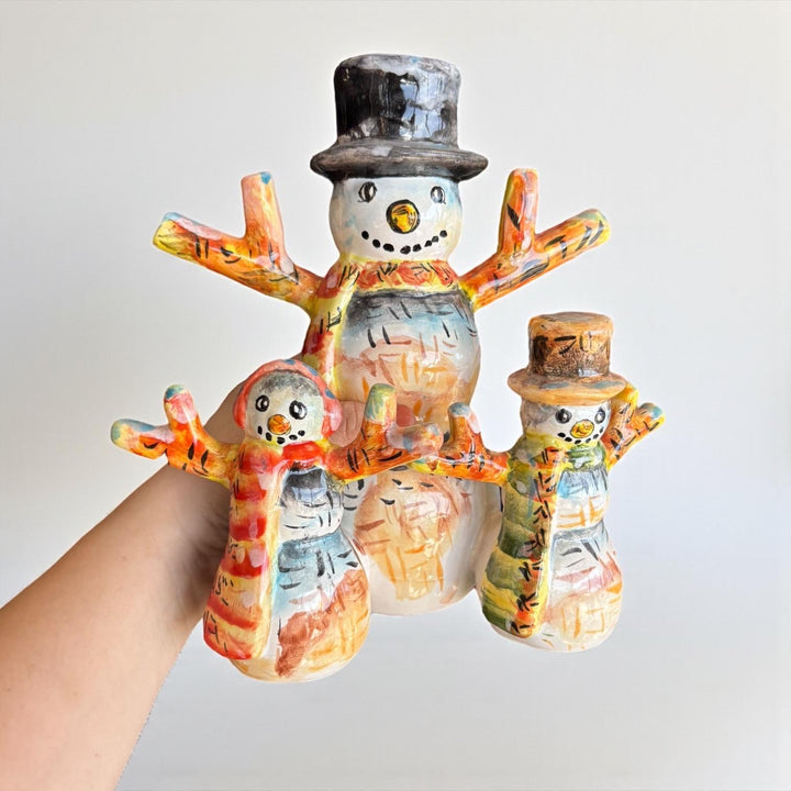 Hand Painted Mexican Talavera Christmas Snowman Family Decor