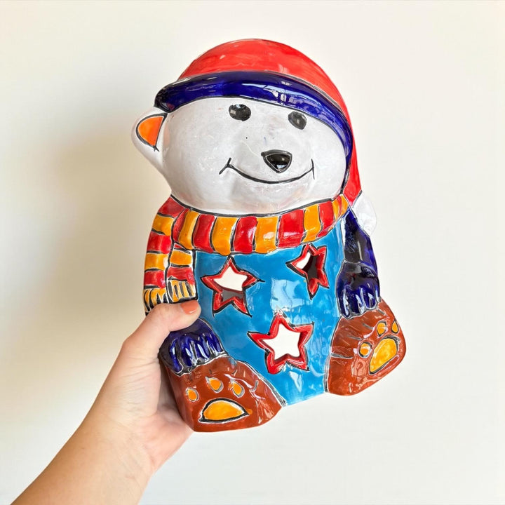 Hand Painted Talavera Cozy White Polar Bear Christmas Luminary Decor