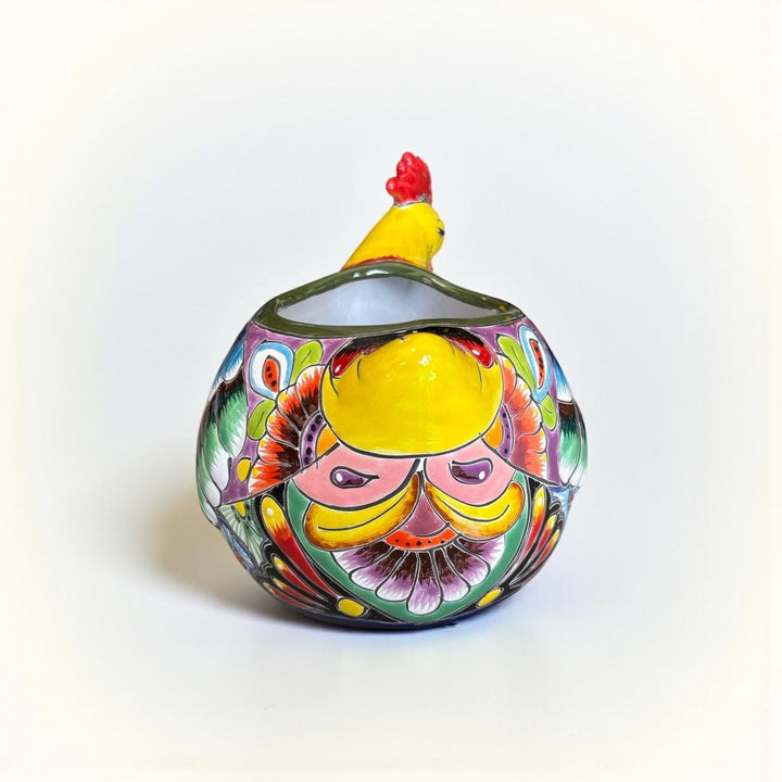 Beautiful Hand Painted Mexican Talavera Sleeping Yellow Chicken Hen Planter Pot