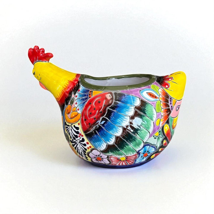 Beautiful Hand Painted Mexican Talavera Sleeping Yellow Chicken Hen Planter Pot
