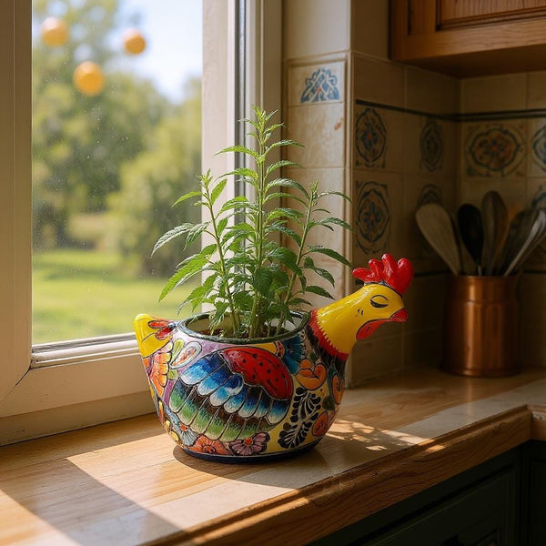 Beautiful Hand Painted Mexican Talavera Sleeping Yellow Chicken Hen Planter Pot