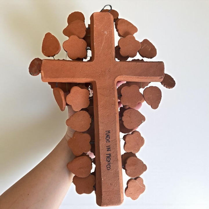 Handmade Mexican Clay Cross Decorated with Butterflies & Sunflowers