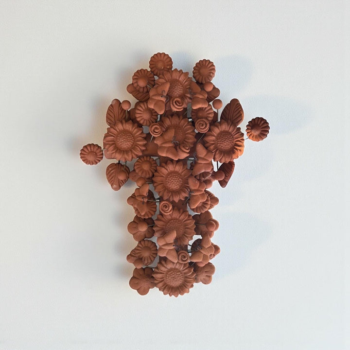 Handmade Mexican Clay Cross Decorated with Butterflies & Sunflowers