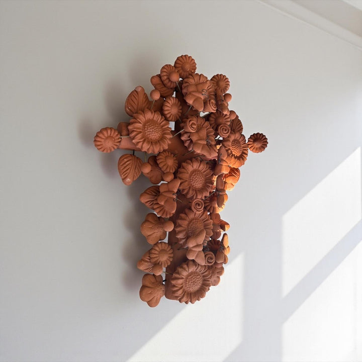 Handmade Mexican Clay Cross Decorated with Butterflies & Sunflowers