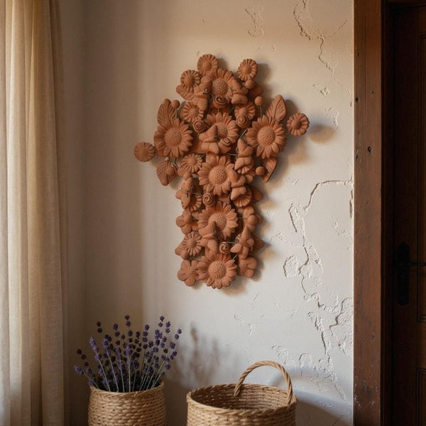 Handmade Mexican Clay Cross Decorated with Butterflies & Sunflowers