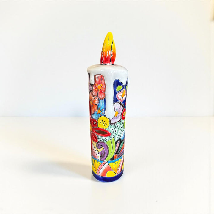 Hand Painted Mexican Talavera Snowy Candle Christmas Luminary Decor