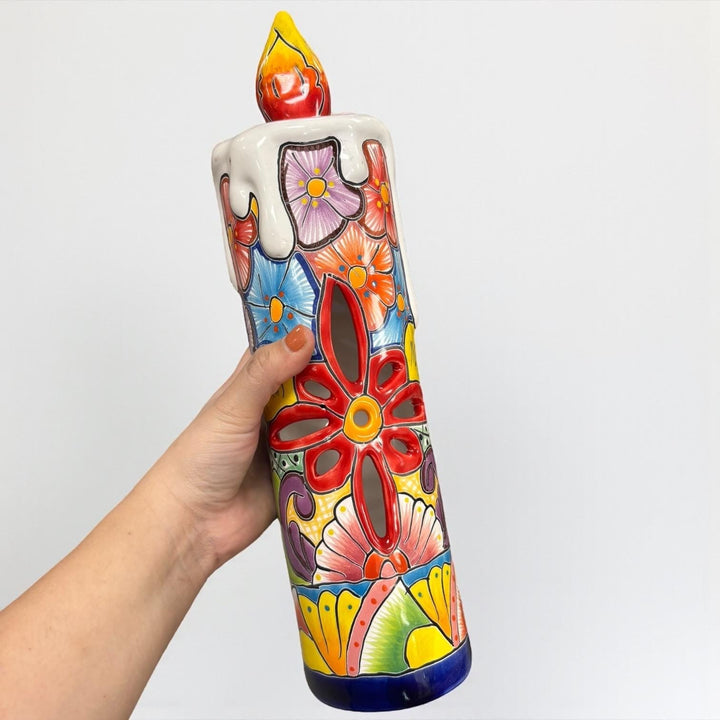 Hand Painted Mexican Talavera Snowy Candle Christmas Luminary Decor