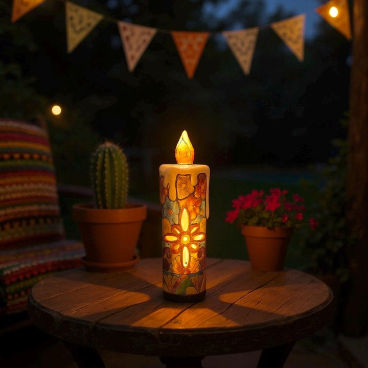 Hand Painted Mexican Talavera Snowy Candle Christmas Luminary Decor